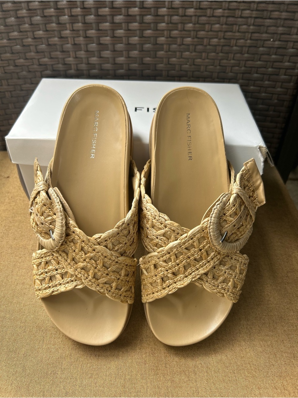 Marc Fisher Natural Raffia Buckle Slide Mules